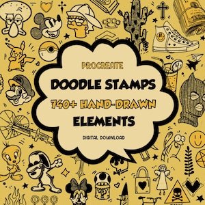 Pack de tampons Procreate Doodle | Plus de 740 éléments de style mixte | Tatouage, esthétique, dessin animé, années 2000, icônes de dessin au trait | Pinceaux pour téléchargement numérique
