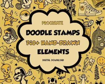 Pacote de Carimbos para Procreate Doodle | Mais de 740 Elementos de Estilos Variados | Ícones de Tatuagem, Estética, Desenho Animado, Y2K e Arte Linear | Pincéis para Download Digital