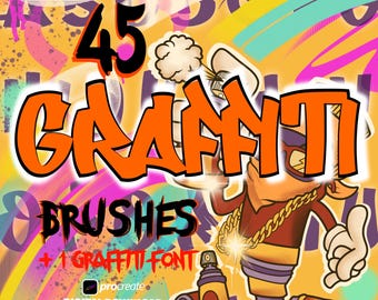 May include: A digital download of 45 graffiti brushes and 1 graffiti font for Procreate. The image features a cartoon character wearing a gold chain and holding spray paint cans. The text "45 Graffiti Brushes + 1 Graffiti Font" is displayed in a bold, graffiti-style font.