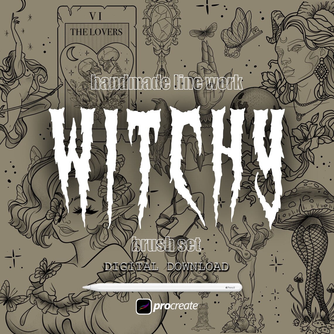 50 Witchy Procreate Stamps | Tattoo Stencils | Witch Brushset | Tarot ...