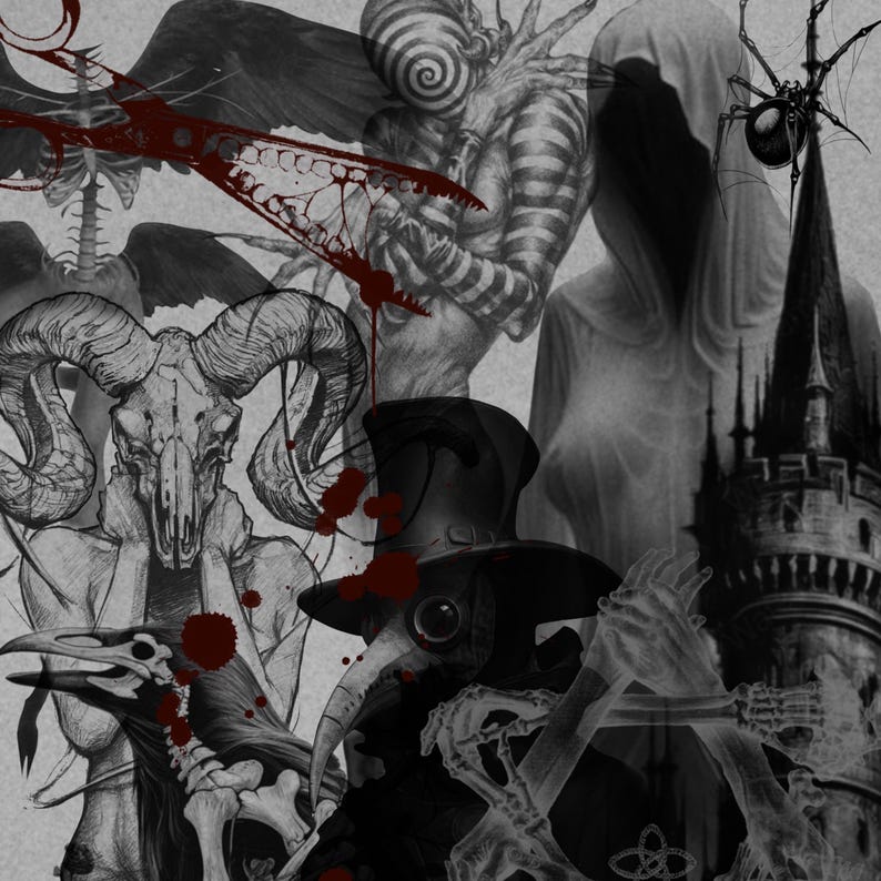 May include: A black and white digital collage featuring a variety of macabre imagery, including a skull with horns, a plague doctor mask, a spider, and a gothic tower.