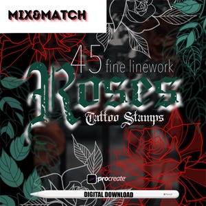 45 Procreate Rose Stamps | Floral Tattoo Stencils | Rose Tattoo | Procreate Brushes | Rose Brushes | Flower Tattoo Stencils | MIX&MATCH