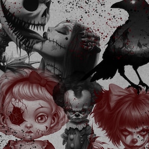 May include: A digital collage featuring a variety of spooky characters, including a skeleton, a crow, a clown, and a doll. The characters are all in black and white with red accents, creating a dark and eerie atmosphere.