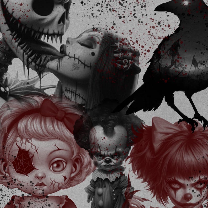 May include: A digital collage featuring a variety of spooky characters, including a skeleton, a crow, a clown, and a doll. The characters are all in black and white with red accents, creating a dark and eerie atmosphere.