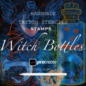 Könnte beinhalten: Digitales Kunstwerk mit "Witch Bottles" mit Tattoo-Schablonen und Stempeln. Das Bild enthält Illustrationen von Zaubertränken, einem Frosch und einem Totenkopf, mit dem Procreate-Logo und dem Text "Digital Download". Ein weißer Stift ist ebenfalls vorhanden.