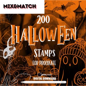 Może przedstawiać: Cyfrowy plik do pobrania zawierający 200 stempli o tematyce Halloween do Procreate. Obraz przedstawia różne straszne i urocze ilustracje, w tym ducha, czaszkę, dynię i grzyba.