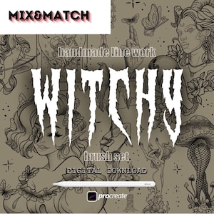 50 timbri Witchy Procreate / Stencil per tatuaggi / Set di pennelli Witch / Tarocchi / Carte / Colorazione / Disegni Procreate / Pennelli per tatuaggi MIX&MATCH