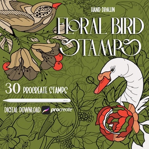 May include: A set of 30 hand-drawn floral and bird Procreate stamps. The stamps feature a variety of flowers, birds, and leaves in black and white outlines. The text "Floral Bird Stamps" is written in a decorative font. The text "Hand Drawn" is written in a smaller font. The text "30 Procreate Stamps" is written in a larger font. The text "Digital Download" is written in a smaller font. The Procreate logo is shown in the bottom right corner.