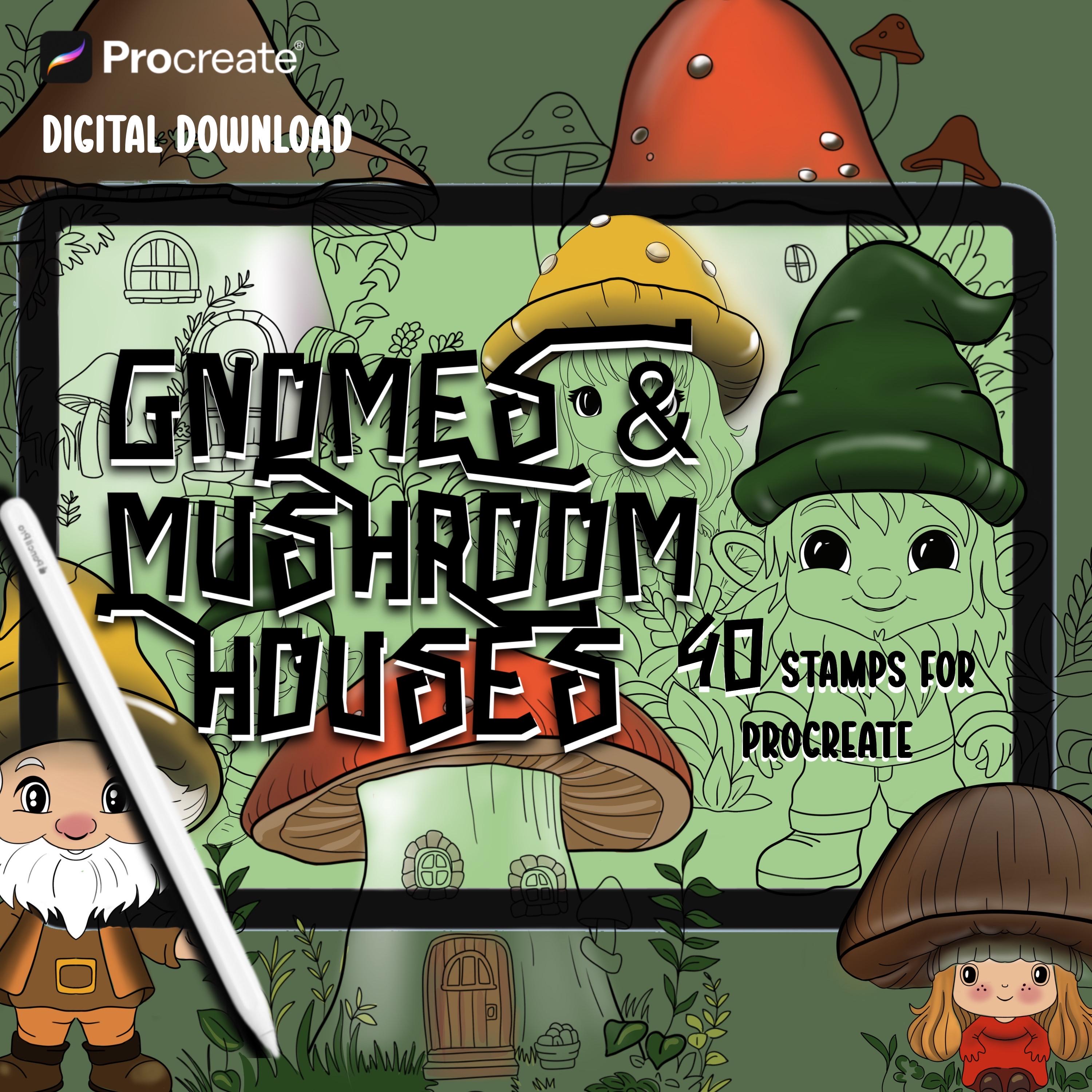 Gnome and Mushroom House Procreate Stamps | 40 Cute Line Art Brushes ...