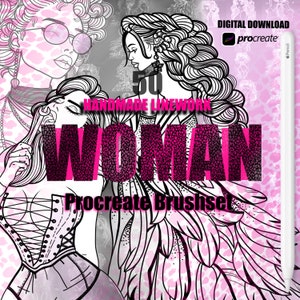May include: A digital download of 50 handmade linework brushes for Procreate, featuring women with intricate details and a pink and black colour scheme. The text "WOMAN" is displayed in large, bold letters.