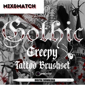 May include: A digital download of 20 gothic creepy tattoo brushes for Procreate. The image features a black and white illustration of a skull, a spider, and a castle.