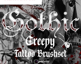 110 Gothic Creepy Procreate Brushset | Horror Tattoo Stamps | Procreate Stamps | Tattoo Template | Creepy Tattoo | Gothic Tattoo Stamp