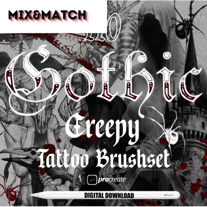 May include: A digital download of 20 gothic creepy tattoo brushes for Procreate. The image features a black and white illustration of a skull, a spider, and a castle.