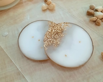 Resin Coasters | Set of 2 | White and Gold Round Coasters | Coffee Table Decor