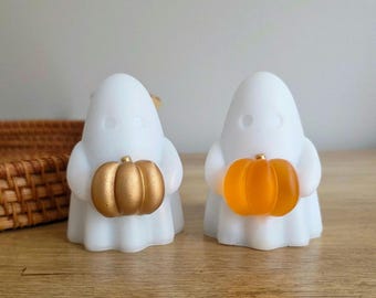 Cute Ghost with Pumpkin Figurine | Mini White Resin Ghost Statue | Spooky Season Desk Decor | Halloween Tiered Tray Accent