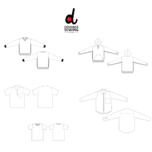 Puede incluir: Dibujos de línea de diferentes tipos de camisas, incluyendo una sudadera con capucha, una camisa de manga larga, una camisa de manga corta y una camiseta. Los dibujos están en blanco y negro y muestran las vistas frontal y posterior de cada camisa.