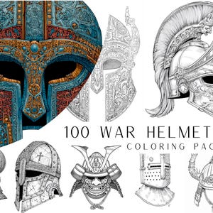 Puede incluir: Ilustración de cascos de guerra, incluyendo un casco detallado y colorido con detalles en azul, rojo y dorado. La imagen también presenta dibujos lineales en blanco y negro de varios cascos históricos. El texto dice "100 WAR HELMETS COLORING PAGES."