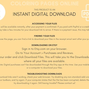 May include: A yellow background with black text explaining how to access and download digital files purchased on Etsy. The text includes instructions for finding files in the receipt email, downloading files on Etsy, and troubleshooting download issues.