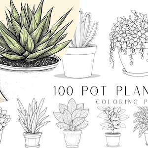 100 pages à colorier de plantes en pot - téléchargement PDF numérique instantané, livre de coloriage pour adultes, feuilles imprimables, plantes et plantes succulentes, foncé et clair