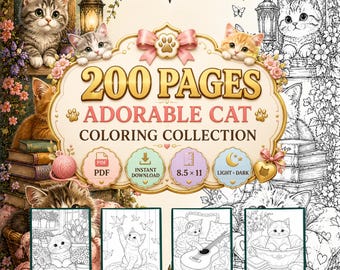 200 Adorable Cat Coloring Pages, Cute Kitten Coloring Book, Printable Cat PDF, Instant Download, 8.5 x 11, Light + Dark Versions