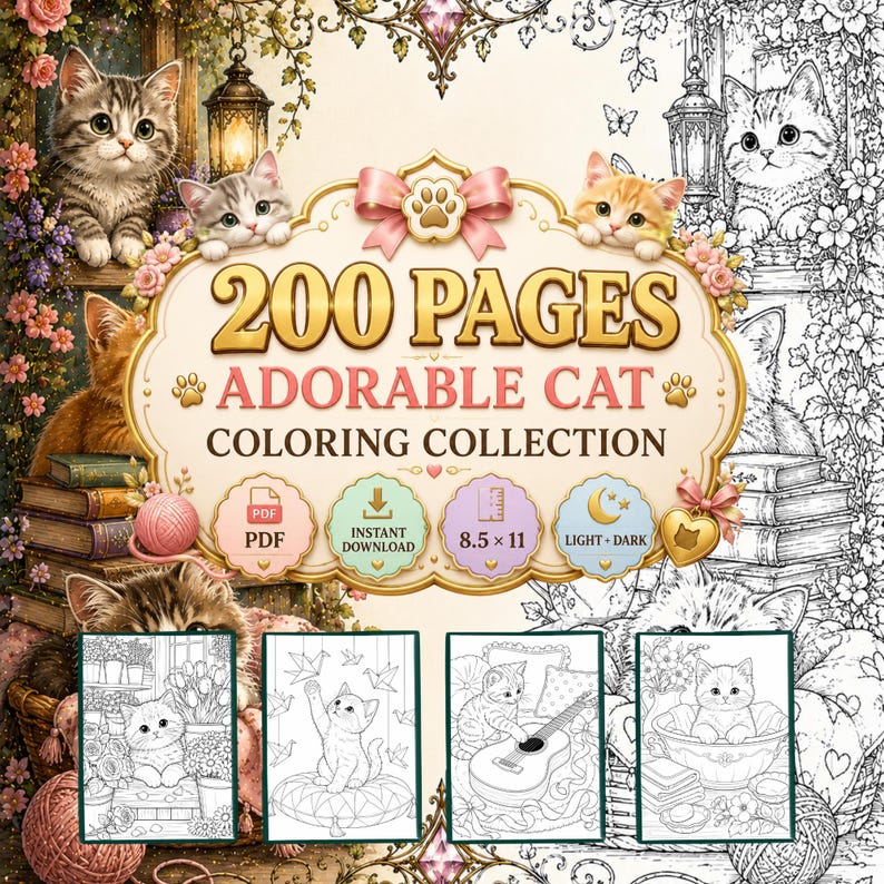 May include: A digital coloring book collection titled 200 Pages Adorable Cat Coloring Collection, featuring illustrations of kittens, yarn, and books. The cover displays four sample pages, PDF and 8.5 x 11 inch format indicators.
