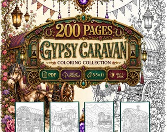 200 Gypsy Caravan Coloring Pages, Vardo Wagon Coloring Book, Vintage Boho Caravans, Light + Dark PDF
