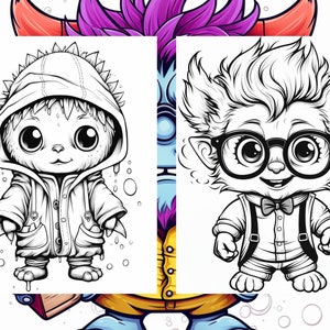 May include: A black and white line drawing of two cute cartoon monsters. One monster is wearing a hooded jacket and the other is wearing glasses and a bow tie.