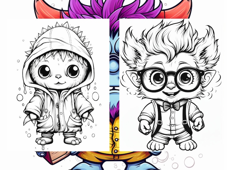 May include: A black and white line drawing of two cute cartoon monsters. One monster is wearing a hooded jacket and the other is wearing glasses and a bow tie.