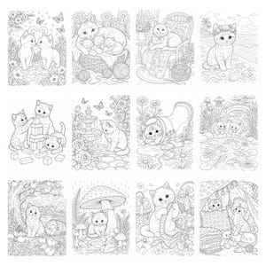 May include: A collection of twelve black and white line art illustrations featuring kittens in various settings, including gardens, beaches, and cozy indoor scenes with yarn, toys, and flowers, designed for coloring and creative artistic activities.