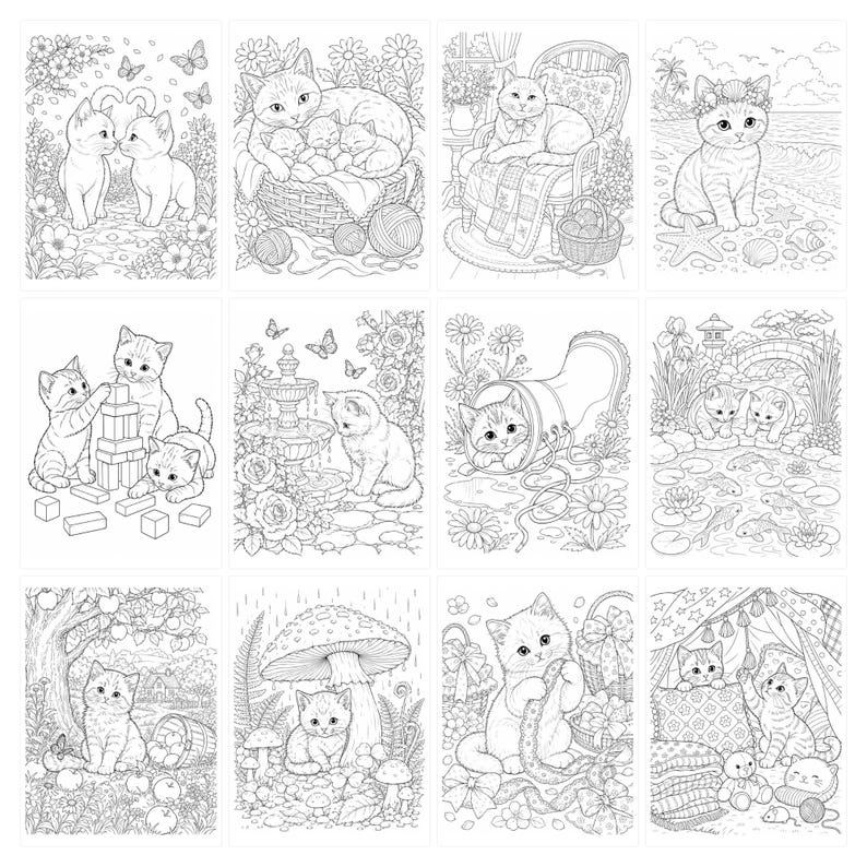 May include: A collection of twelve black and white line art illustrations featuring kittens in various settings, including gardens, beaches, and cozy indoor scenes with yarn, toys, and flowers, designed for coloring and creative artistic activities.