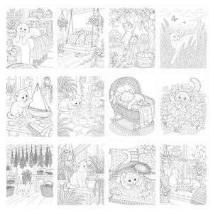 May include: A collection of twelve black and white line art illustrations featuring kittens in various settings, including a porch swing, a garden, a nursery, and a greenhouse. Each detailed drawing depicts cats interacting with plants, toys, and furniture.