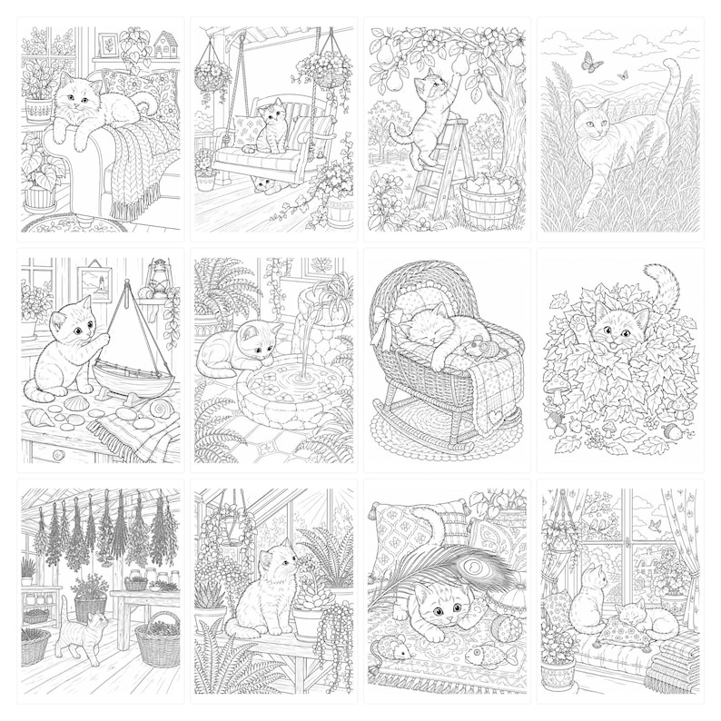 May include: A collection of twelve black and white line art illustrations featuring kittens in various settings, including a porch swing, a garden, a nursery, and a greenhouse. Each detailed drawing depicts cats interacting with plants, toys, and furniture.