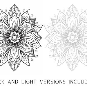 May include: A black and white mandala design with intricate details. The design features a flower with multiple petals and a circular center. The mandala is surrounded by a border of smaller flowers and leaves.