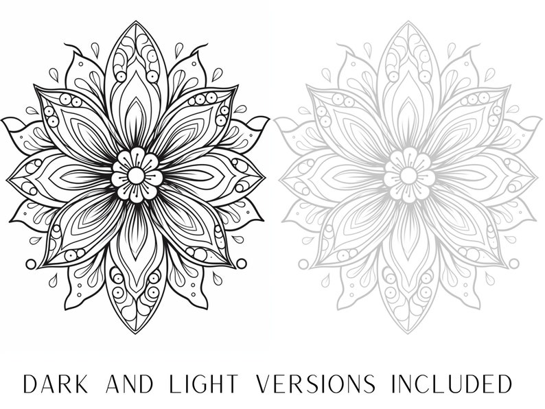 May include: A black and white mandala design with intricate details. The design features a flower with multiple petals and a circular center. The mandala is surrounded by a border of smaller flowers and leaves.