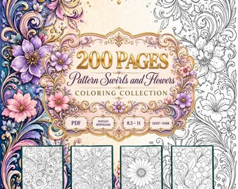 200 Swirls and Flowers Coloring Pages, Floral Coloring Book PDF, Printable Flower Designs, Adult Coloring Pages
