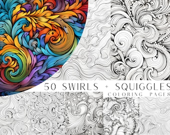50 Pattern Swirls And Squiggles Coloring Pages - Adults Coloring Book, Mindfulness Coloring Sheets, Instant Download, Printable PDF File.