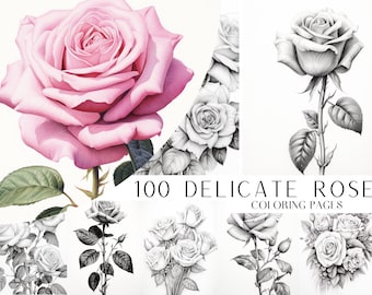 100 Delicate Rose Coloring Pages - Adults And Kids Coloring Book, Greyscale, Digital Coloring Sheets, Instant Download, Printable PDF File.
