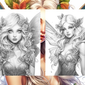 May include: A black and white illustration of a fairy with wings, long hair, and a floral crown. The fairy is wearing a dress with a floral pattern.
