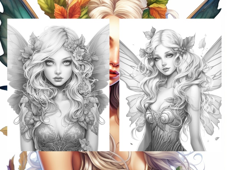 May include: A black and white illustration of a fairy with wings, long hair, and a floral crown. The fairy is wearing a dress with a floral pattern.