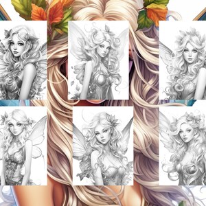 May include: A set of six black and white printable coloring pages featuring fairy illustrations. Each page features a different fairy with wings, flowers, and leaves.