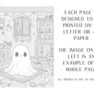 May include: A black and white illustration of a ghost in a room with a window, a bookshelf, and a table. The ghost is wearing a sheet and has a friendly expression. The image is designed to be printed on US Letter or A4 paper.