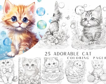 25 Adorable Cat Coloring Pages - Adult And Kids Coloring Book, Animal Coloring Sheets, Instant Download, Printable PDF File.
