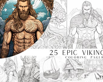 25 Epic Viking Coloring Pages - Adult And Kids Coloring Book, Fantasy Coloring Sheets, Instant Download, Printable PDF File.