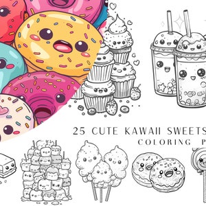 25 Cute Kawaii Sweets Coloring Pages - Adult And Kids Coloring Book, Kawaii Coloring Sheets, Instant Download, Printable PDF File.