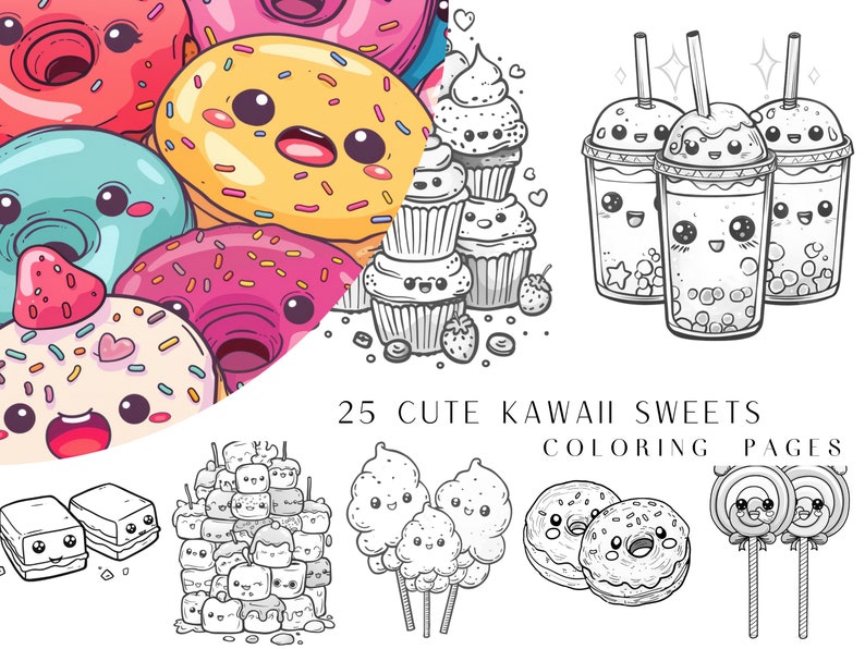May include: 25 Cute Kawaii Sweets Coloring Pages featuring a variety of sweet treats like donuts, cupcakes, lollipops, cotton candy, and boba tea. Each illustration is in black and white, ready to be colored.