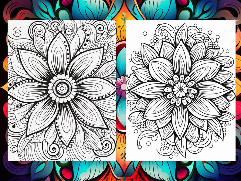 May include: A black and white coloring page featuring a detailed floral design. The design includes a large flower with multiple petals and intricate swirls and patterns.