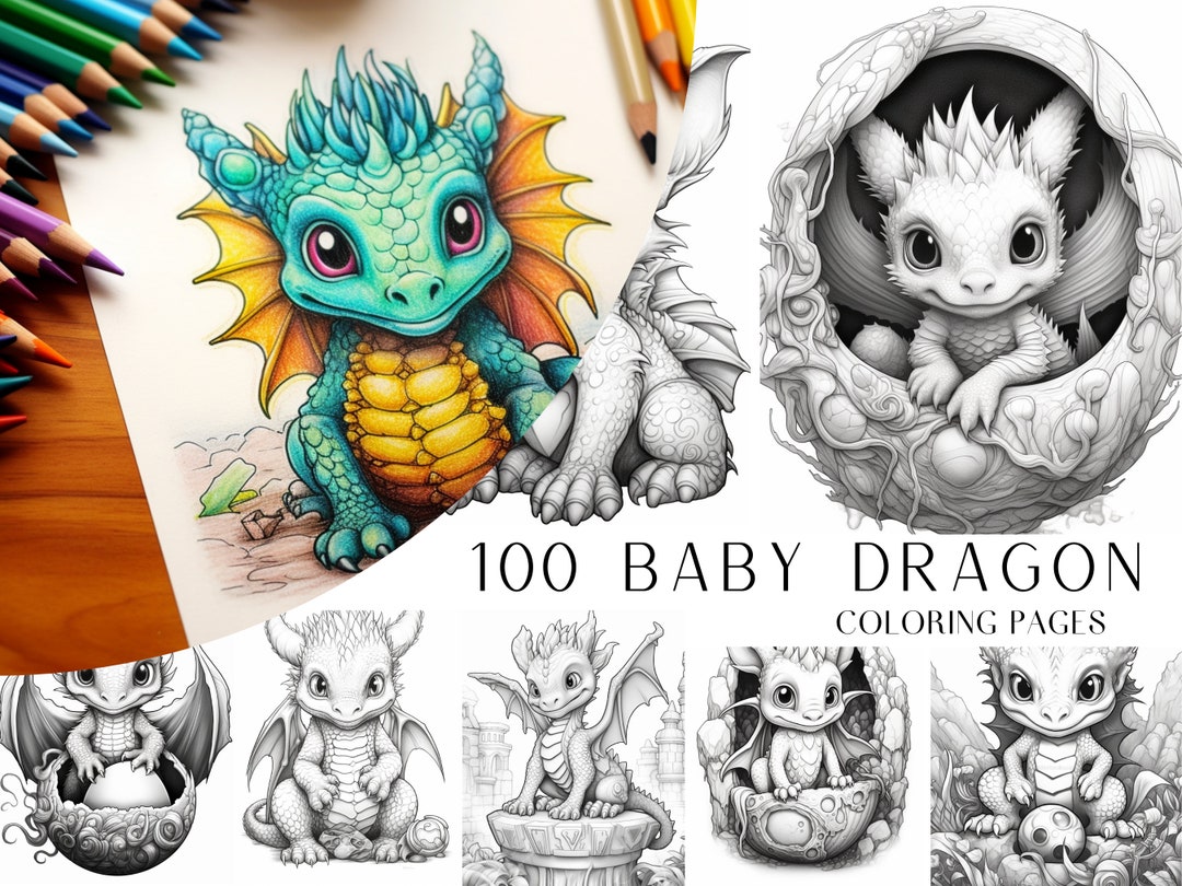 100 Baby Dragon Coloring Pages, Fantasy, Adults and Kids Coloring Book ...