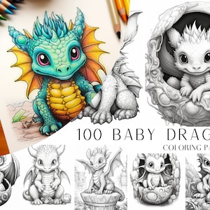 100 Baby Dragon Coloring Pages, Fantasy, Adults And Kids Coloring Book, Digital Coloring Sheets, Instant Download, Printable PDF File.