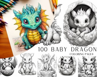 100 babydraak kleurplaten, fantasie, kleurboek voor volwassenen en kinderen, digitale kleurplaten, direct downloaden, afdrukbaar pdf-bestand.
