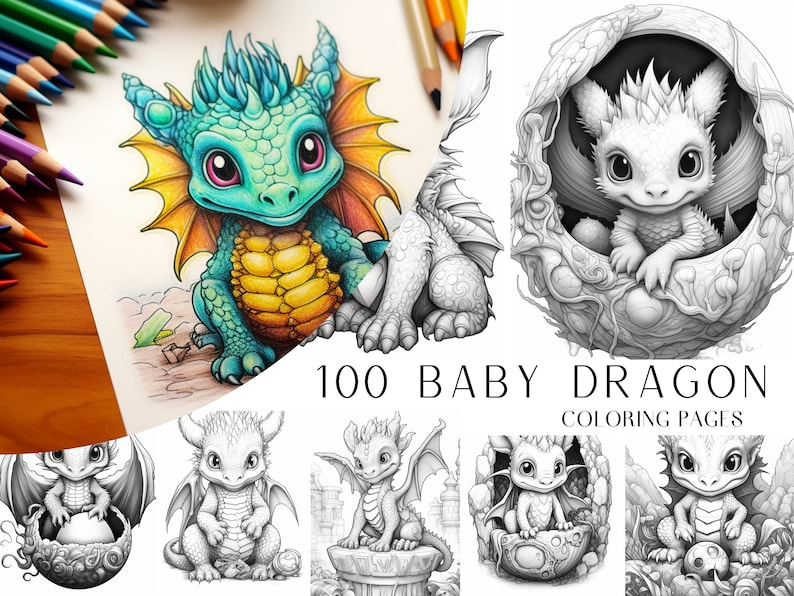 May include: A collection of 100 coloring pages featuring adorable baby dragons in various poses. The dragons are drawn in a cartoon style with big eyes and cute expressions. The coloring pages are perfect for kids and adults who love dragons.